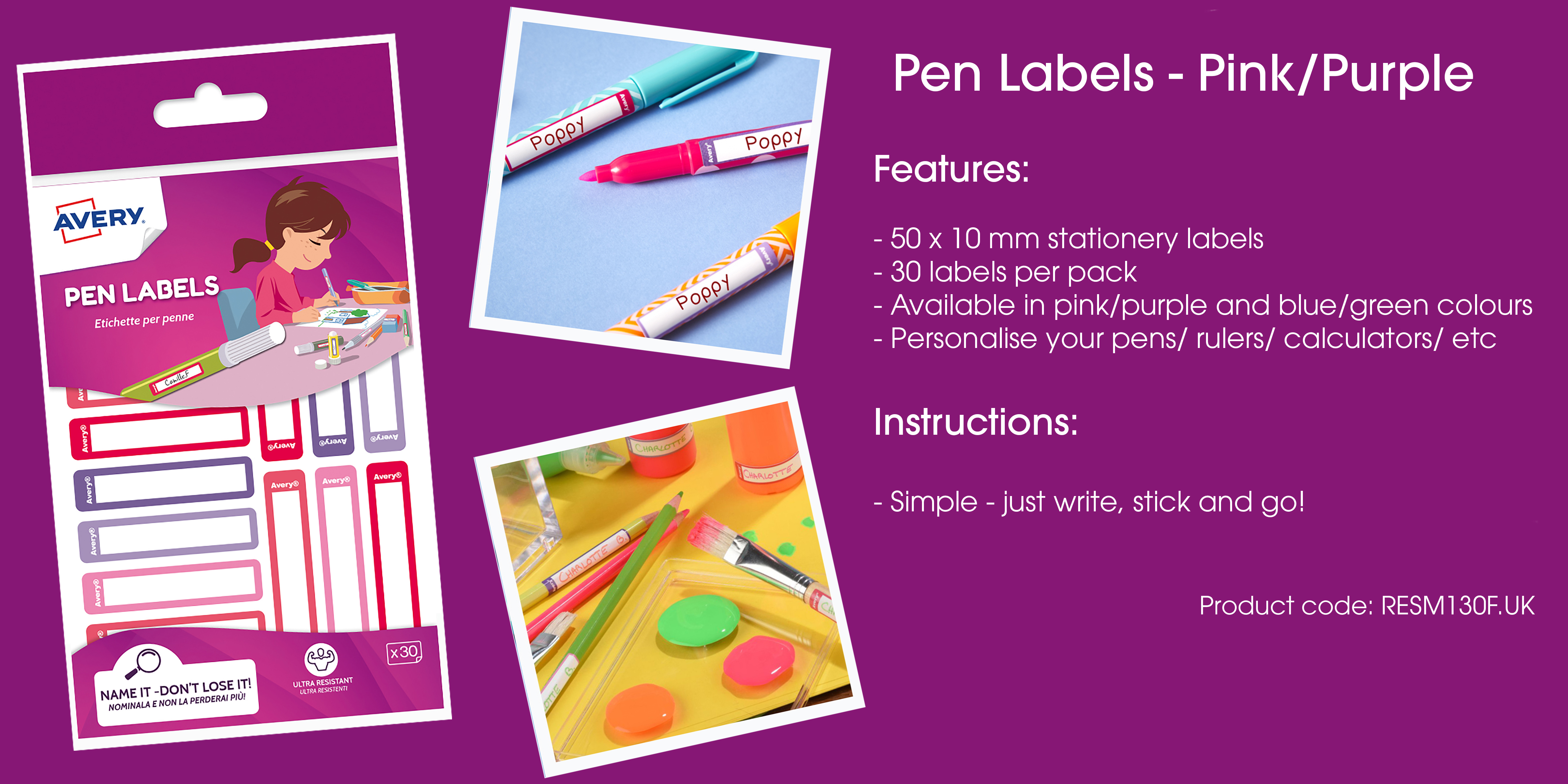 Avery Stationery & Pen Labels - Pink/Purple