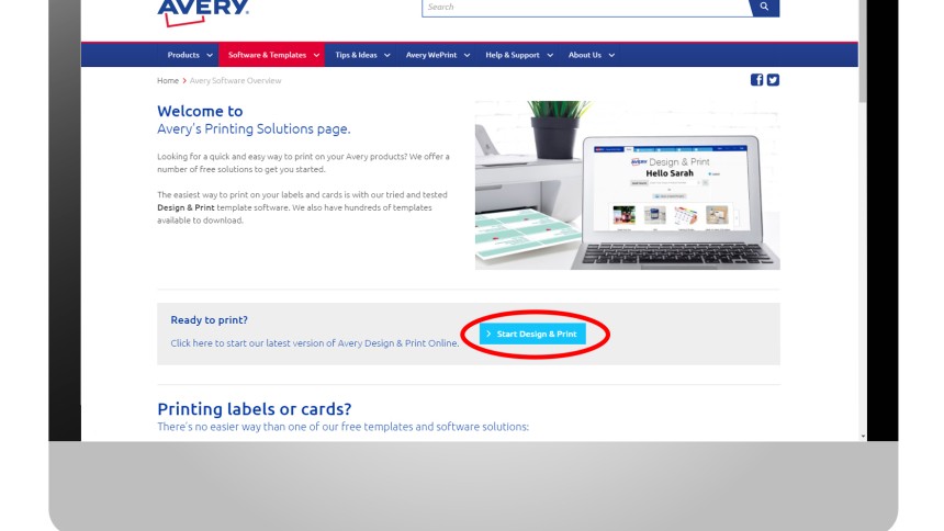 Avery Design & Print start page