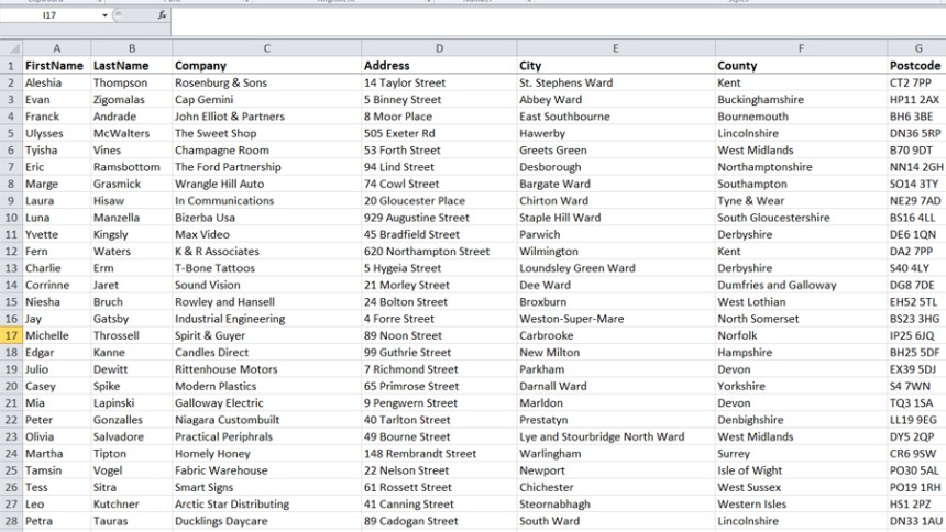 Addresses for Christmas Labels Spreadsheet