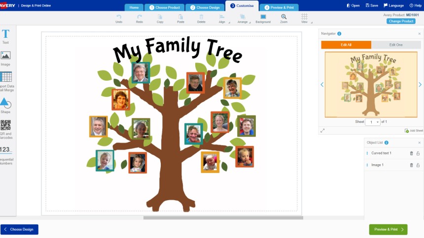 Family tree design in Avery Design & Print