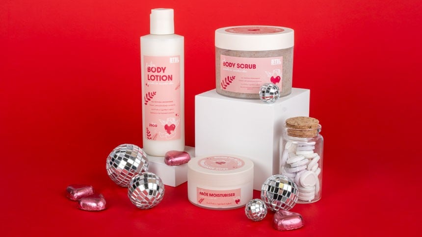 Red & pink heart designs on cosmetic labels
