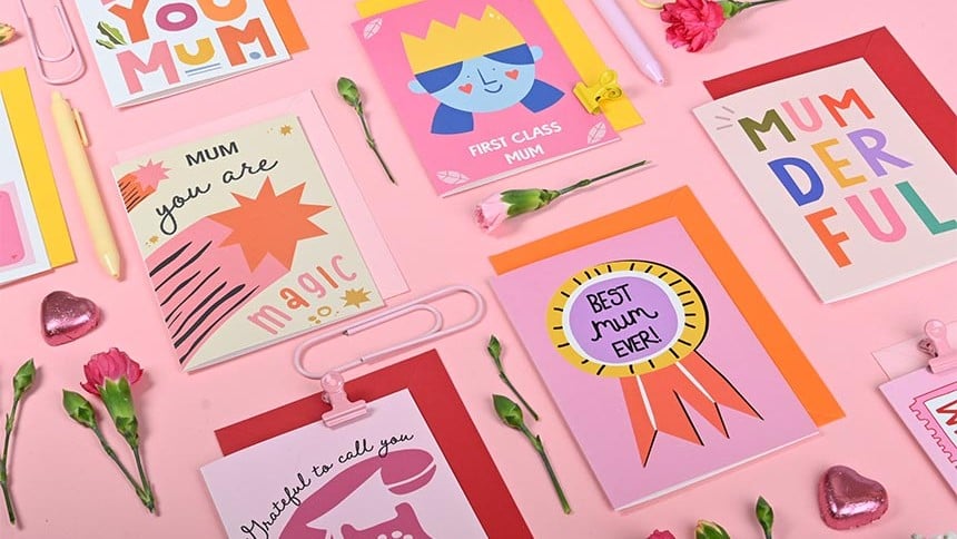 Mothers Day card template collage with roses on pick background