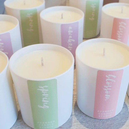 Customer: Avander Candle Studio Cream Textured rectangle 30x80mm matt Product label for candle, full-colour print.