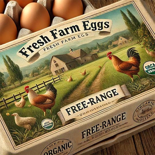 Egg box label showing fresh farm eggs