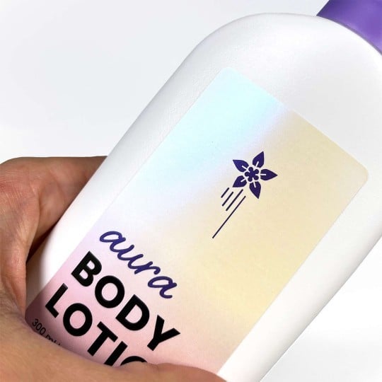 Pearlescent close up label body lotion bottle