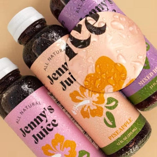 White film stickers on juice bottles