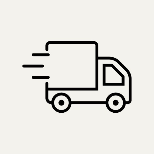 A black delivery van is shown as an icon on a beige background.