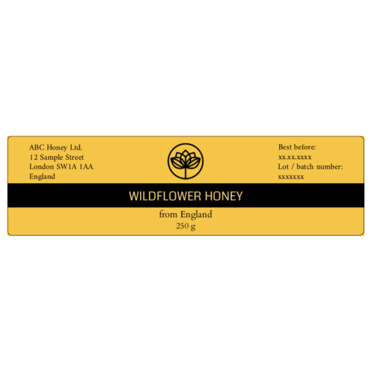 An elegant honey label measuring 125 x 35 mm.