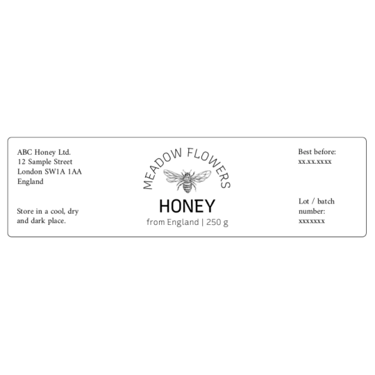 A timeless honey label measuring 125 x 35 mm.