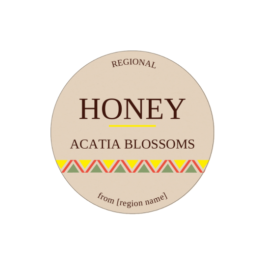 Artistic honey label, 60 mm in size.