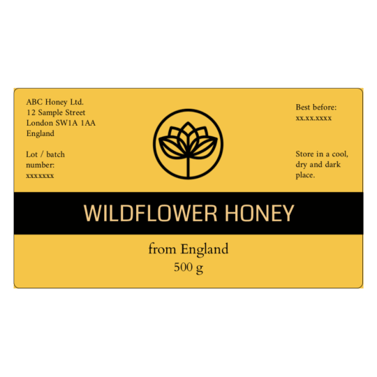 An elegant honey label measuring 99.1 x 57 mm.