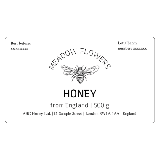 A timeless honey label for 500 g jars of honey.