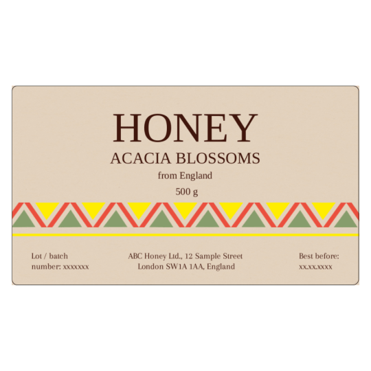 An artistically designed honey label measuring 99.1 x 57 mm.