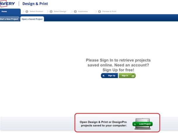 loading a saved project in Avery Design and Print