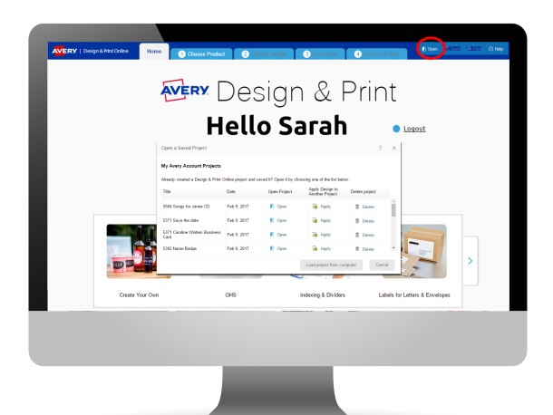 Avery Design & Print – Open Saved Project