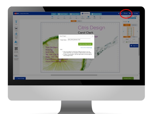 Avery Design & Print Software Save Design Screen