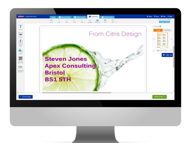 Avery Design & Print Customise screen