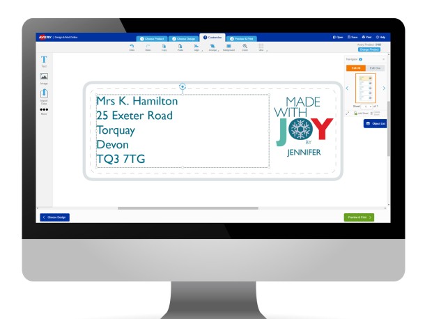 Avery Design & Print customise screen