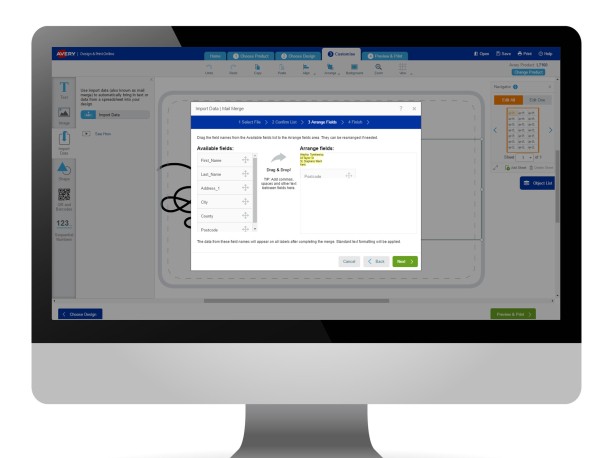 Avery Design & Print Arrange merge fields screen