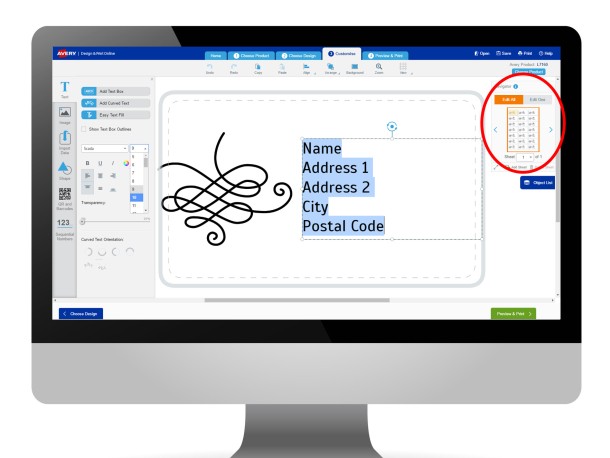 Avery Design & Print customise screen