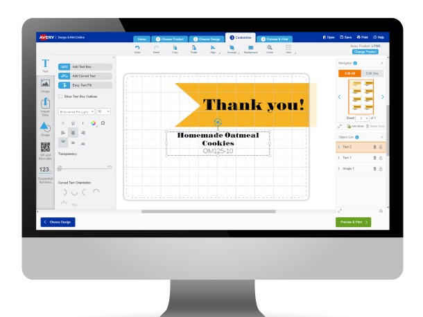 Avery Design & Print Customise Screen