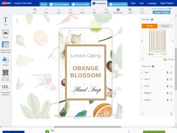 Avery Design & Print Customise Screen