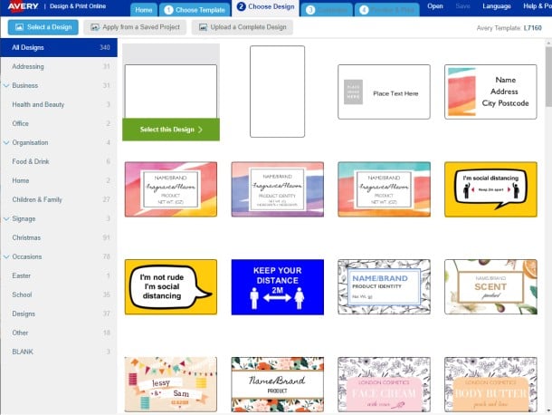 Avery Select Predesign template screen in Design & Print