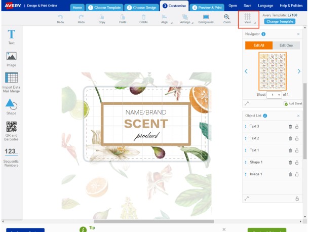 The Avery Design & Print Customise screen