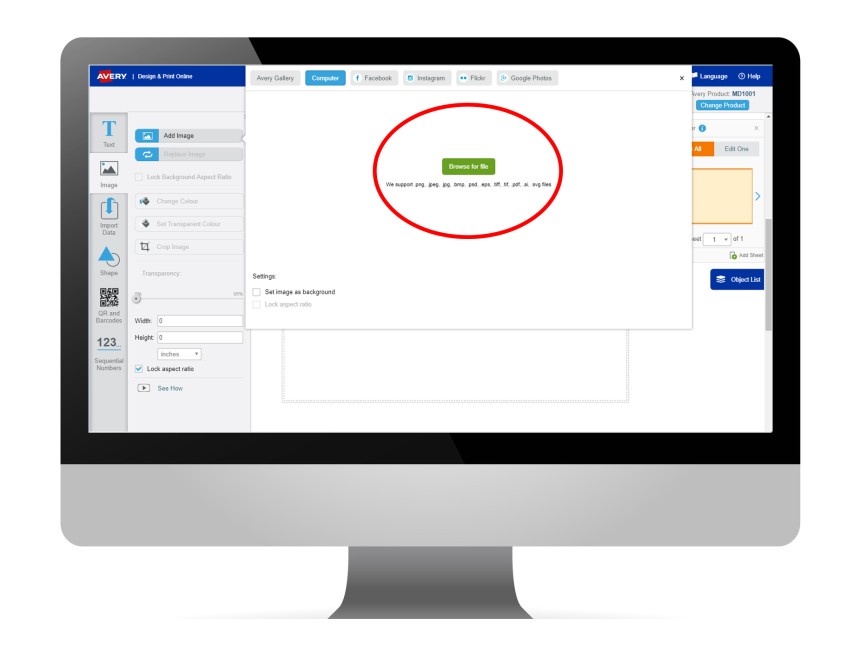 Avery Design & Print - Add image dialogue box