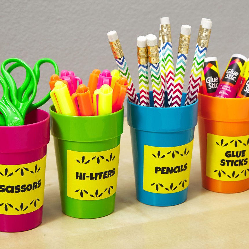 Brightly coloured Avery labels help organise classroom supplies