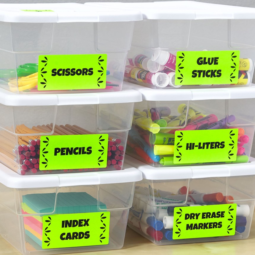 Colourful Avery Labels help organise classroom strorage trays