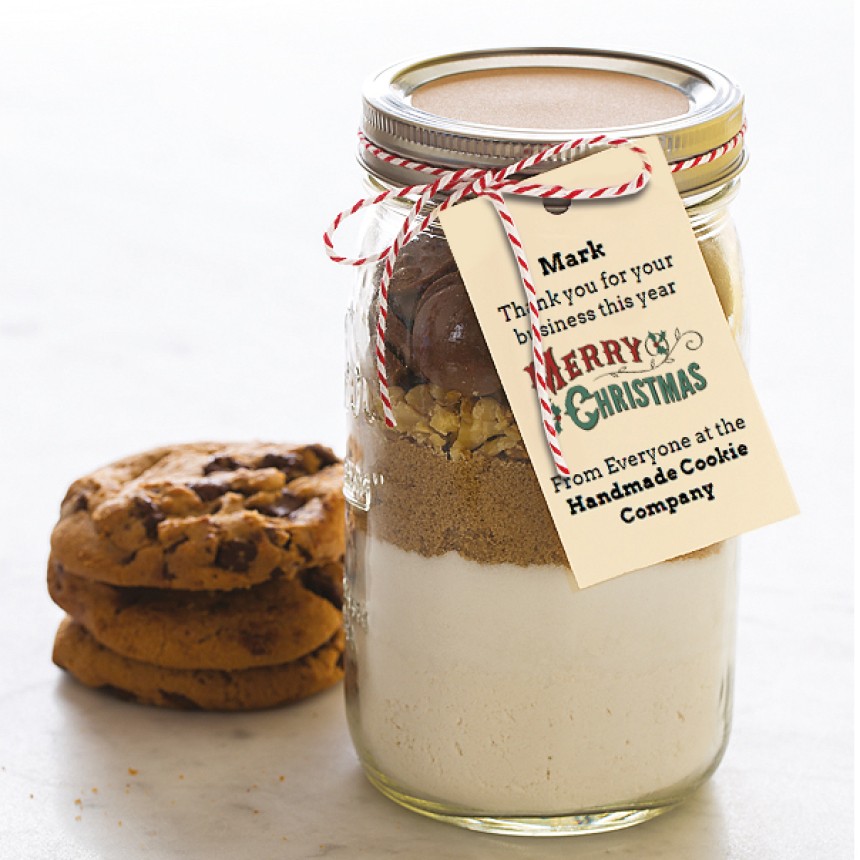Cookie ingredients in a gift jar decorated with Avery Printable Cards