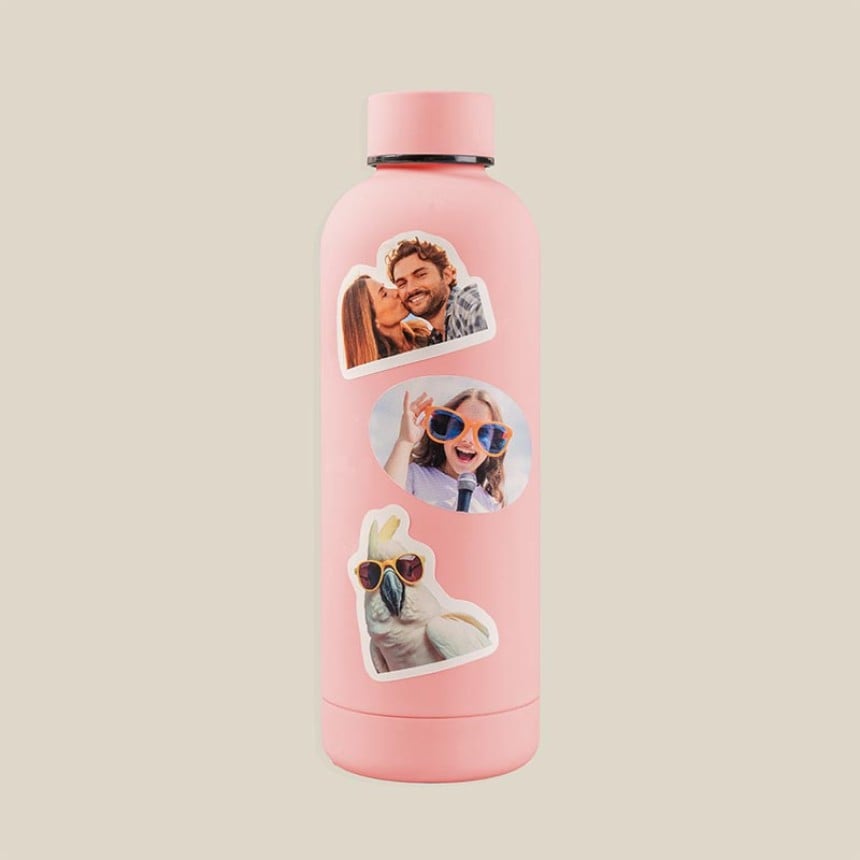 photo stickers on drinks bottle