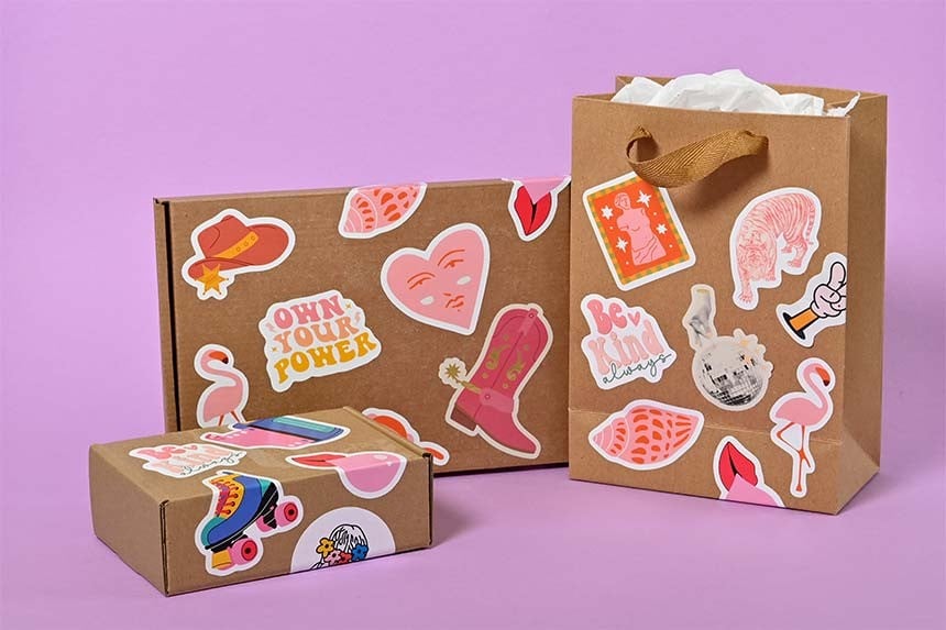 Stickers on brown packaging