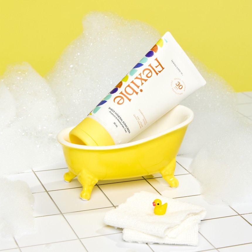 Label on squeeze tube in yellow mini bath