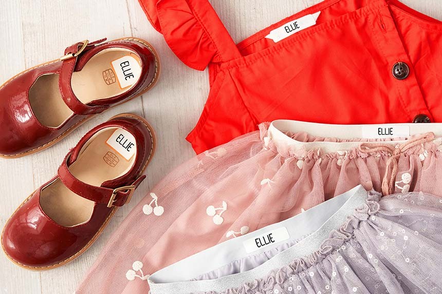 Clothing labels on shoes, dresses and skirts