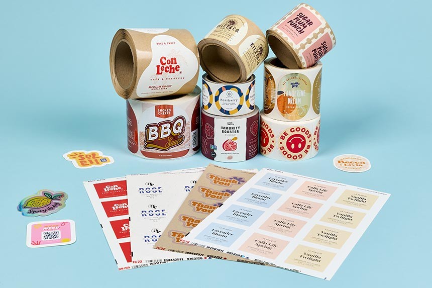 roll sticker sheet labels blue background