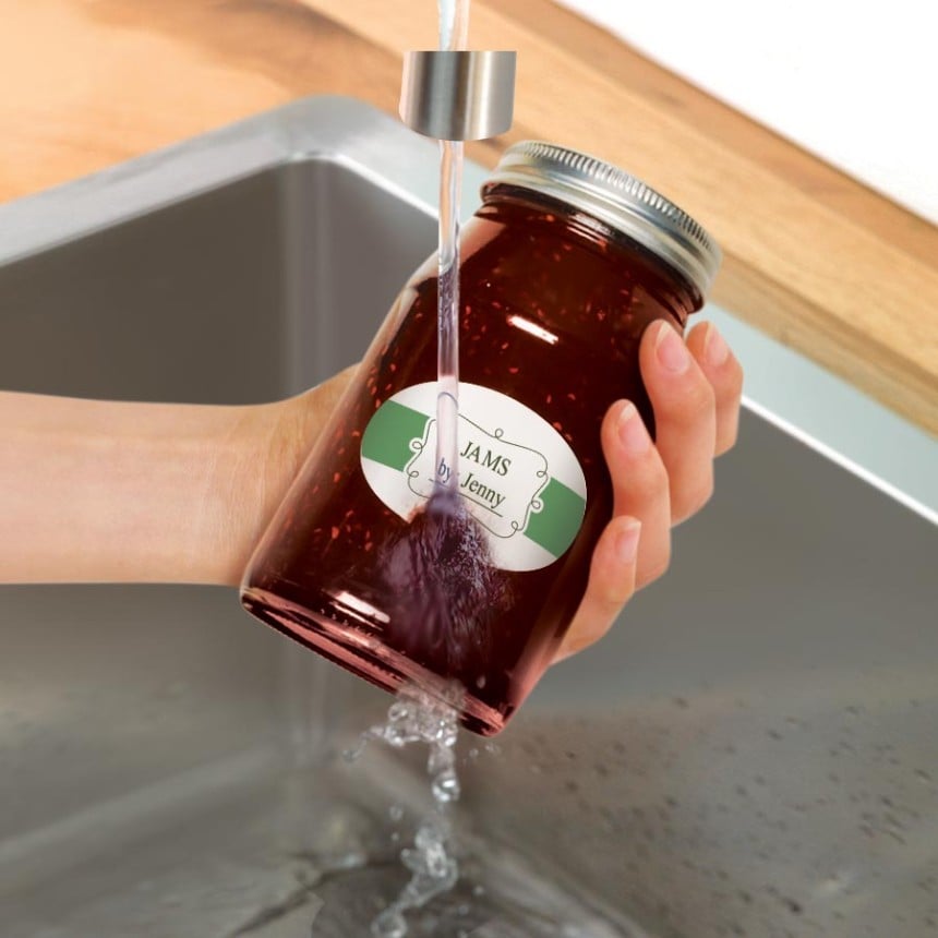 removable paper label on jar under tap