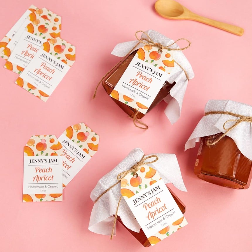 Printed swing tags apricot jam jars