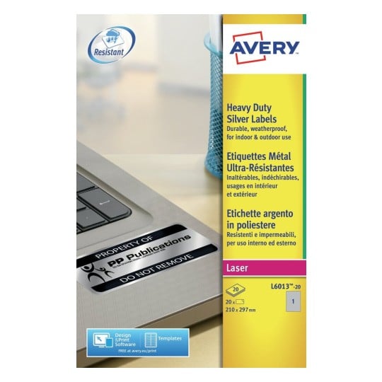 Extra Strong, Printable Resistant Labels, Tearproof, Waterproof & Oil-Resistant, Silver, 210 x 297 mm, 20 Labels (L6013-20) L6013-20