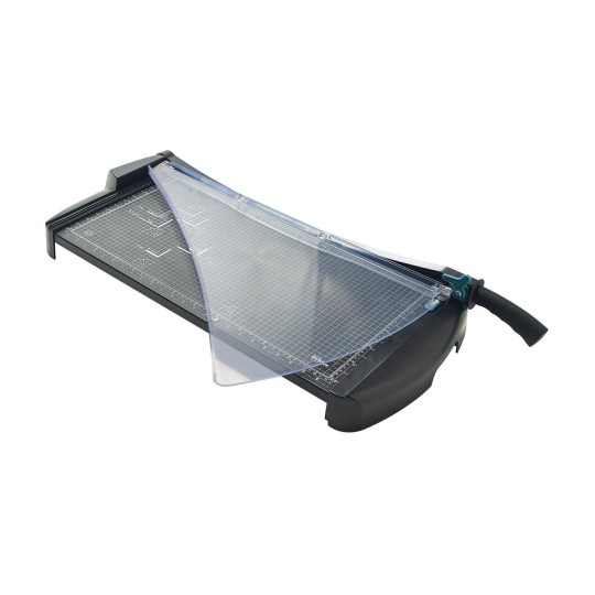 The image shows a paper trimmer with a clear protective cover and a grid on the cutting surface, designed for precise cutting of paper and cardstock.