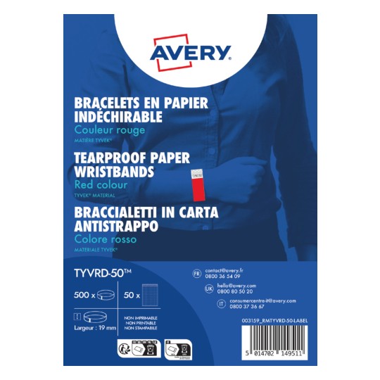 AVERY - 500 TYVEK® paper wristbands, width 19mm Fluorescent Red TYVRD-50