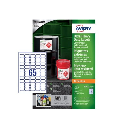 Avery B7651-20 Ultra Resistant Labels, White (A4 38.1 x 21.3 mm, 20 Labels) B7651-20