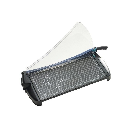 The image displays a rotary paper trimmer, featuring a clear safety guard and a marked cutting surface. The tool is used for precise cutting of paper or cardstock, suitable for crafts or office use.