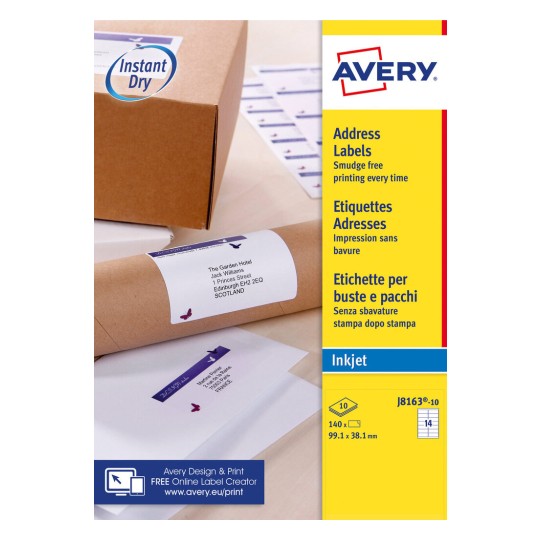 Laser Printers 14 Labels Per A4 Sheet Avery Self Adhesive Address Mailing Labels White UltraGrip 140 Labels L7163