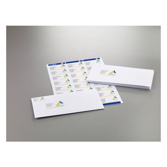 The image shows several envelopes and a sheet with printed labels. The envelopes have a logo on them, and the labels are formatted for address use, featuring the same logo. They are placed on a neutral-colored surface.