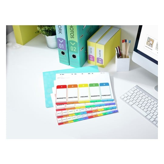 The image shows a neatly organized workspace featuring colorful binders labeled 'WORK', 'PHOTOS', and 'TODO'. A keyboard and a document with labeled sections for 'BUDGETS', 'ANALYSIS', 'PRICING', 'MARKETS', and 'FORECAST' are arranged on a desk along with a container of pens and a plant.
