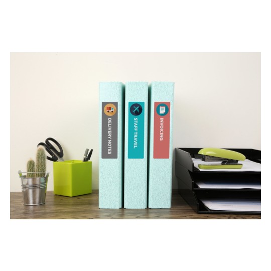 The image shows a workspace with three labeled binders stacked on a wooden desk. The binders are light blue and labeled 'Delivery Notes,' 'Staff Travel,' and 'Invoicing.' There is a green container with scissors and pens, a small cactus in a pot, and a black organizer with papers and a green stapler.
