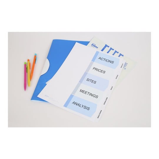The image shows a blue folder, colorful pens, and a sheet with sections labeled 'ACTIONS', 'PRICES', 'SITES', 'MEETINGS', and 'ANALYSIS'.