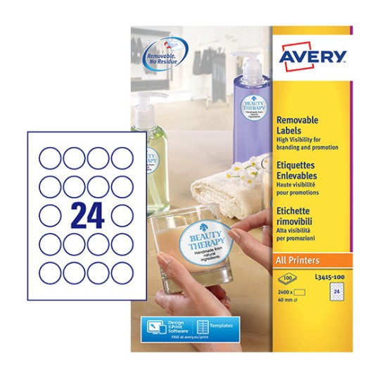 All Printers 1200 Labels 48 Labels Per A4 Sheet Avery L4850REV Self Adhesive Removable Round Labels 